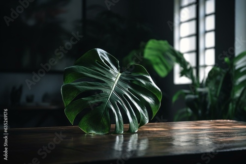 Monstera plant on a tabletop with a high-tech backdrop. Generative AI