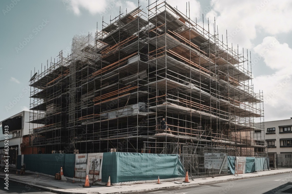 Scaffolding at contemporary construction site featuring a white banner advertisement. Generative AI