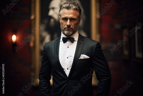 A Captivating Enigma: A Contemplative Gentleman in an Impeccably Suited Tuxedo, Sporting Facial Hair and a Black Bow, Exuding Confidence and Success in a High-End Business Portrait