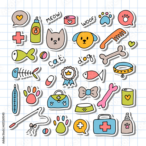 Hand drawn vet icons. Pet shop or store concept. Caring for animals dogs, cats. Pets stuff and supply set. Stickers