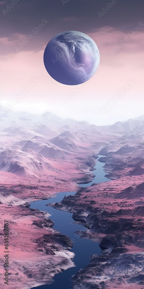 Majestic Rocky Landscape with River and Distant Planet.