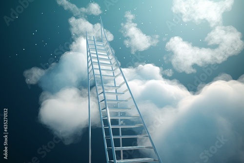 A ladder leading up to white clouds in an abstract 3D render, set against a blue background. Generative AI
