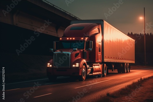 Bright red semi truck hauling cargo in a dry van trailer on the evening highway. Generative AI