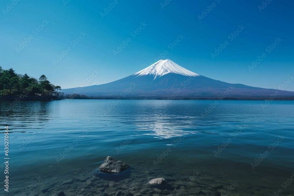 Scenic view of Mt. Fuji and Lake Ashinoko against blue sky. Generative AI