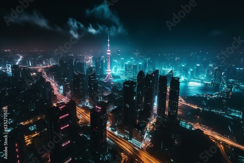 Nighttime city illuminated by neon lights, with towering skyscrapers. Generative AI