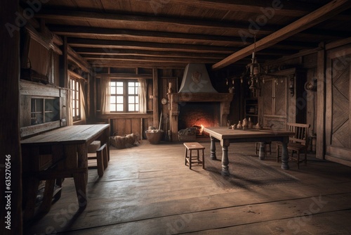 Room with rustic timbers and wood floors. Generative AI