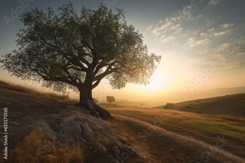 Scenic view of the solitary tree against a sunrise backdrop at Tel Lachish. Generative AI