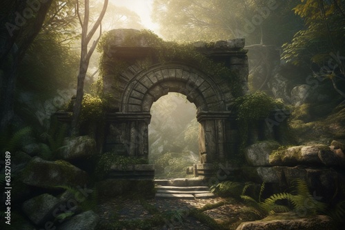 A stunning archway in a forest revealing a mystical stone gate to another realm. Created through digital 3D art. Generative AI