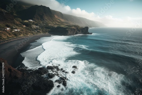 A serene location with waves pounding the dark beach in Madeira, Portugal. Serene, Turquoise, Beach, Waves, Madeira, Portugal, Atlantic Ocean, Drone, Pounded, Dark. Generative AI