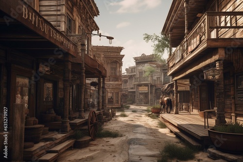 3D visualization of an authentic wild west street, showcasing ancient wooden structures. Generative AI