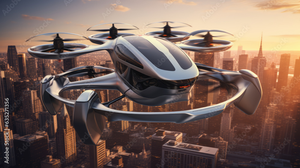 Vertical take-off electric flying cars in airspace on airways in sky over cities and metropolis. Vertical take-off electric flying cars in airspace on airways in sky over cities and metropolis.