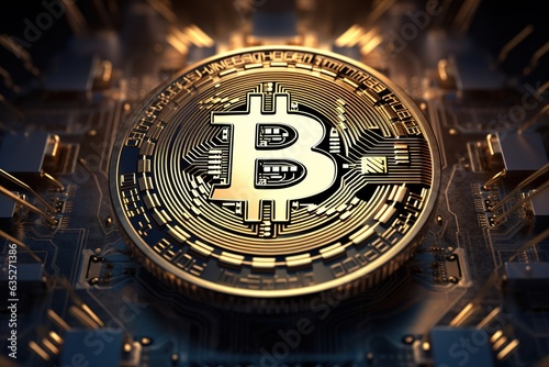 Bitcoin coin on computer board.