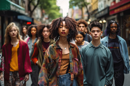 Grupo de amigos estudiantes adolescentes multiétnico, mirando a cámara  caminando por las calles de una ciudad. concepto igualdad entre razas photo