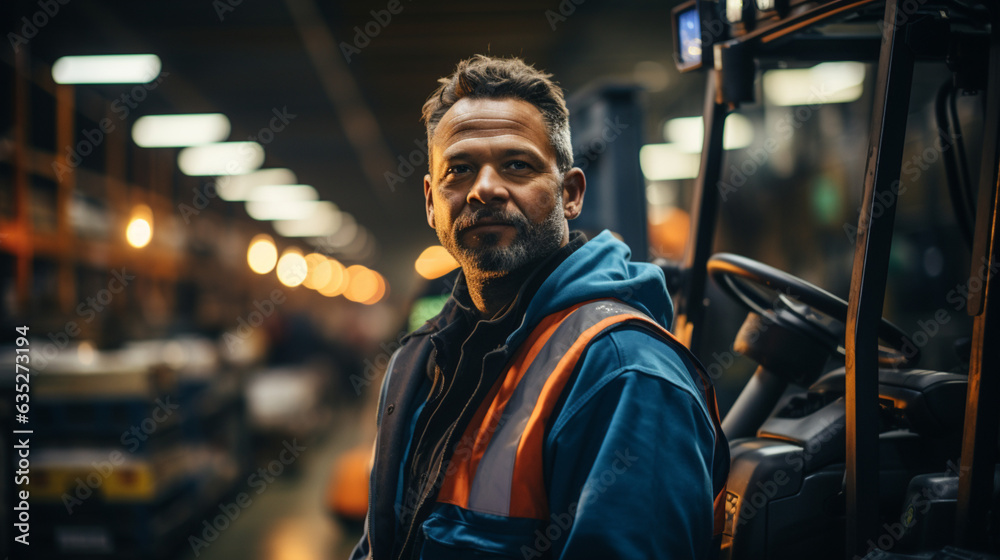 Photorealistic concept of white male as forklift driver posing at work