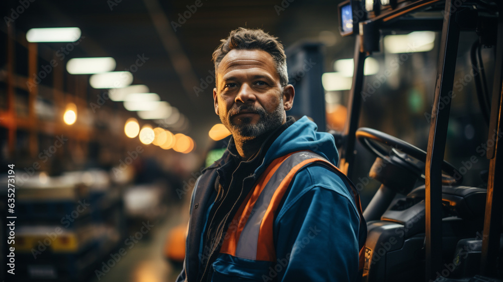 Photorealistic concept of white male as forklift driver posing at work Photorealistic concept of white male as forklift driver posing at work