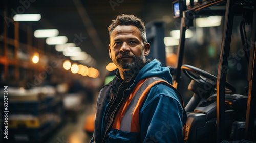 Photorealistic concept of white male as forklift driver posing at work © van Koop