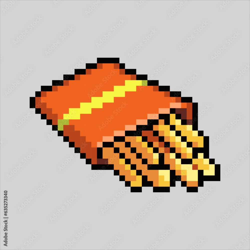 Pixel art illustration French fries. Pixelated potato fries. French Fries junk food fastfood icon pixelated for the pixel art game and icon for website and video game. old school retro.