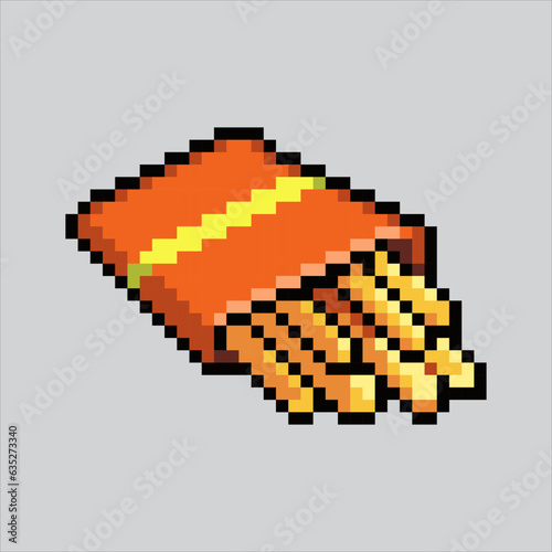 Pixel art illustration French fries. Pixelated potato fries. French Fries junk food fastfood icon pixelated for the pixel art game and icon for website and video game. old school retro.