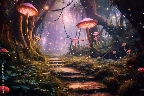 Magical dark fairy tale forest at night with glowing lights and mushrooms. Fantasy wonderland landscape with mushrooms. Amazing nature landscape. Illustration with AI generation.