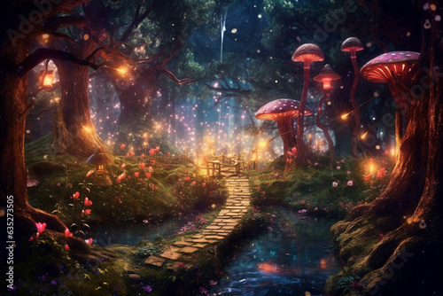 Magical dark fairy tale forest at night with glowing lights and magic mushrooms. Fantasy wonderland landscape with mushrooms. Amazing nature landscape. Illustration with AI generation. © fadzeyeva