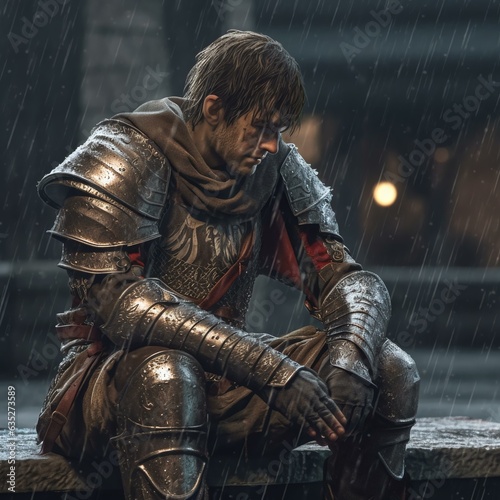 Solitary Knight Seated on Stone Bench in Rainy Fantasy Scene.