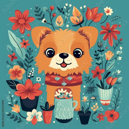 Cute Dog Among Flowerpots and Floral Elements on Blue Background.