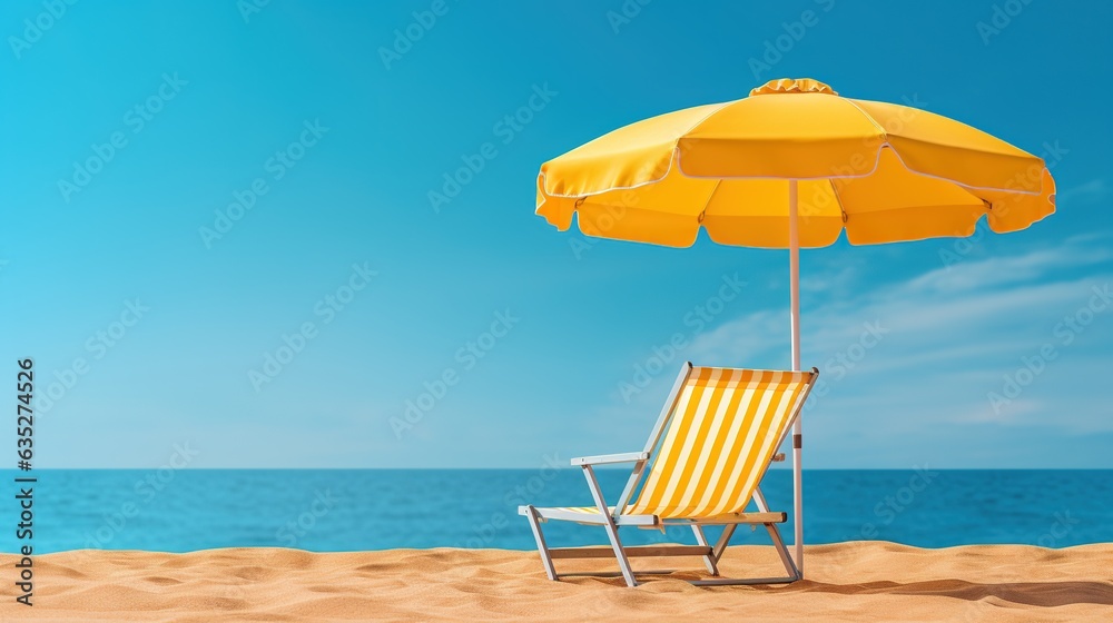 beach chairs and umbrella on the beach. generative ai