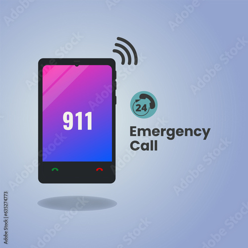 Phone with 911 emergency call number on screen vector illustration