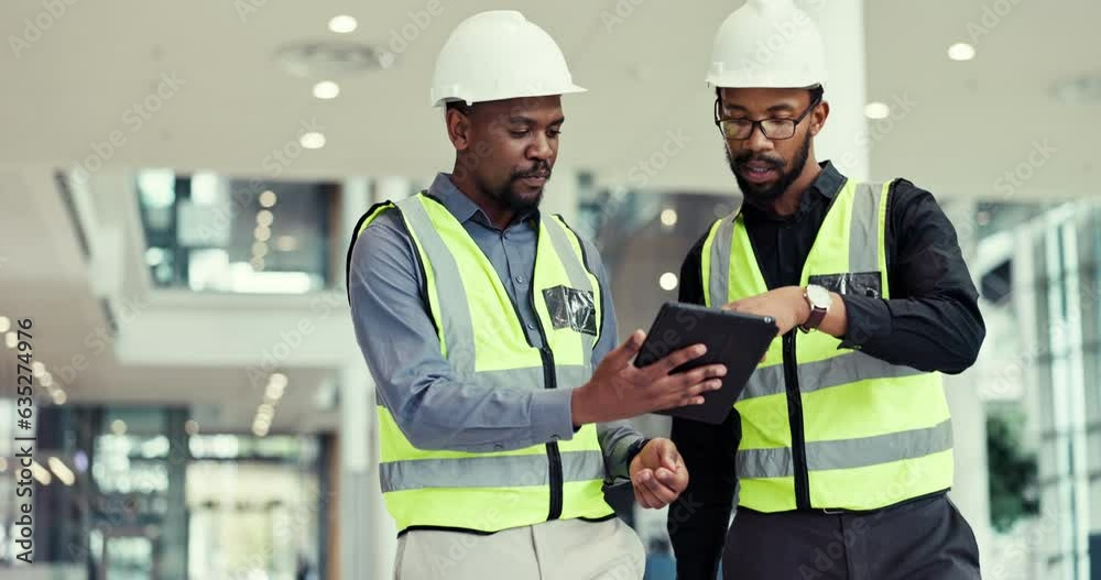 Teamwork, tablet and engineer people talking about construction, project management and renovation. Planning, maintenance app and internet with black men or staff walking in building with technology
