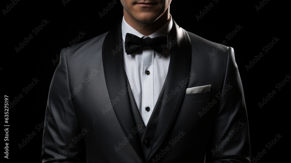 A close-up shot of a man wearing a tuxedo. - obrazy, fototapety, plakaty 