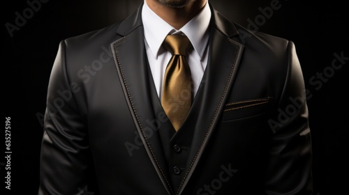 Front view of man’s torso elegantly dressed in business wear including jacket, necktie and white shirt over black background.