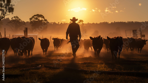 Cowboy herding cattle during sunrise on a farm