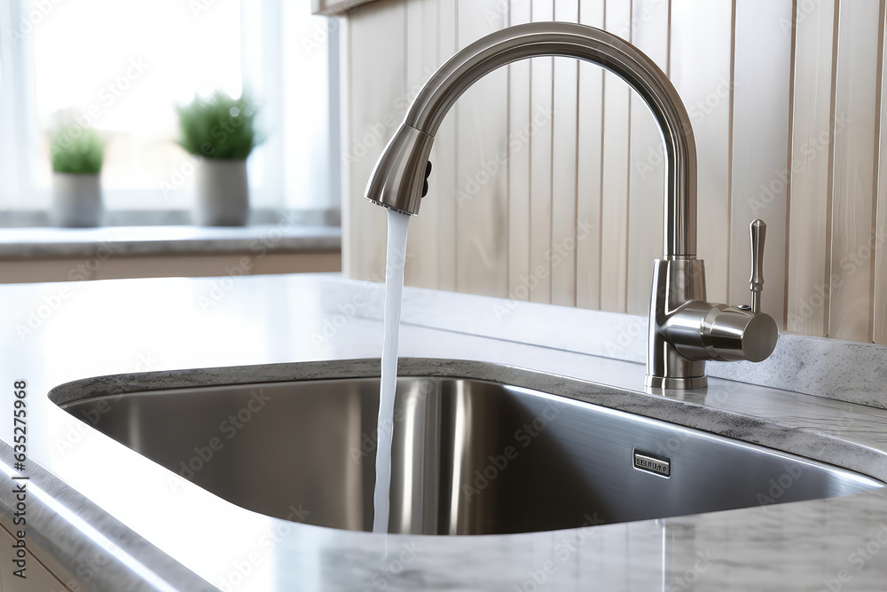 Single metallic sink and metal faucet on the vanity inside kitchen of home. Trendy sink in interior design. Single metallic sink and metal faucet on the vanity inside kitchen of home. Trendy sink in interior design.