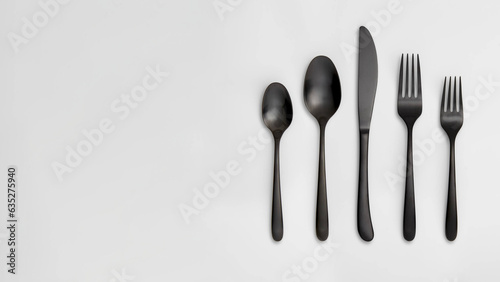 Top view group closeup of black stainless steel utensils  isolated on copy-space background.