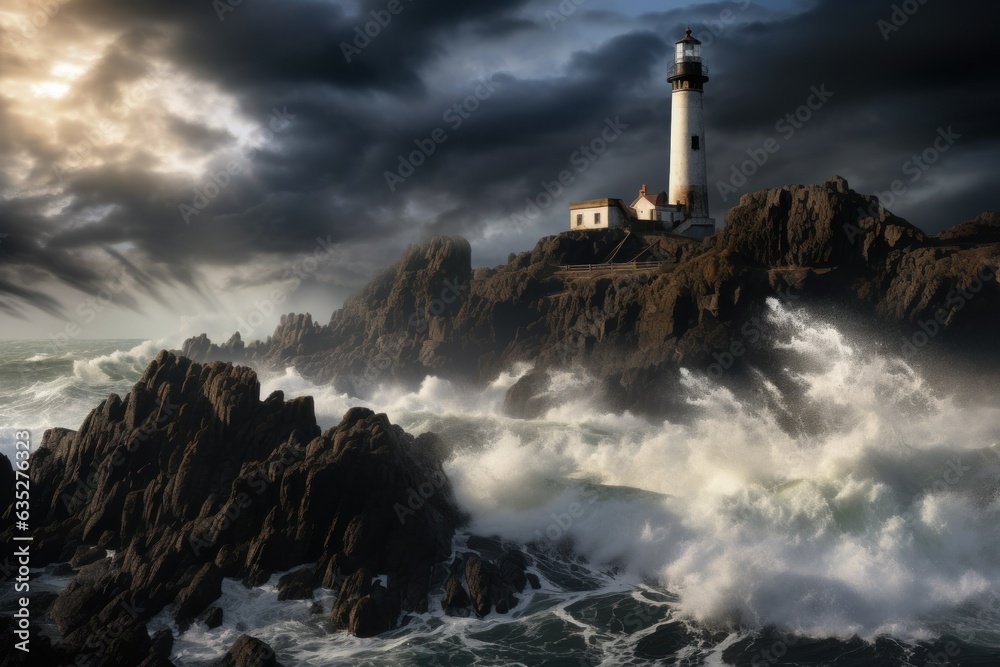 Stormy Sentinel: Coastal Lighthouse Amidst Rugged Cliffs
