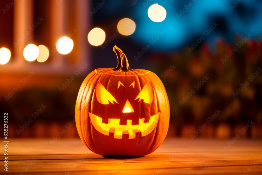 Halloween scary pumpkin of the evening house background. Halloween background. Halloween scary pumpkin of the evening house background. Halloween background.
