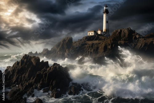 Stormy Sentinel: Coastal Lighthouse Amidst Rugged Cliffs 