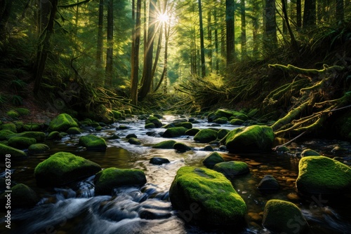 Forest of Tranquil Moss: Sunlit Canopy, Ferns, and Babbling Clear Brook 
