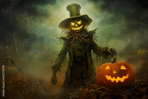 Fotografia oil painting of a frightening halloween scarecrow jackolantern on the style of c