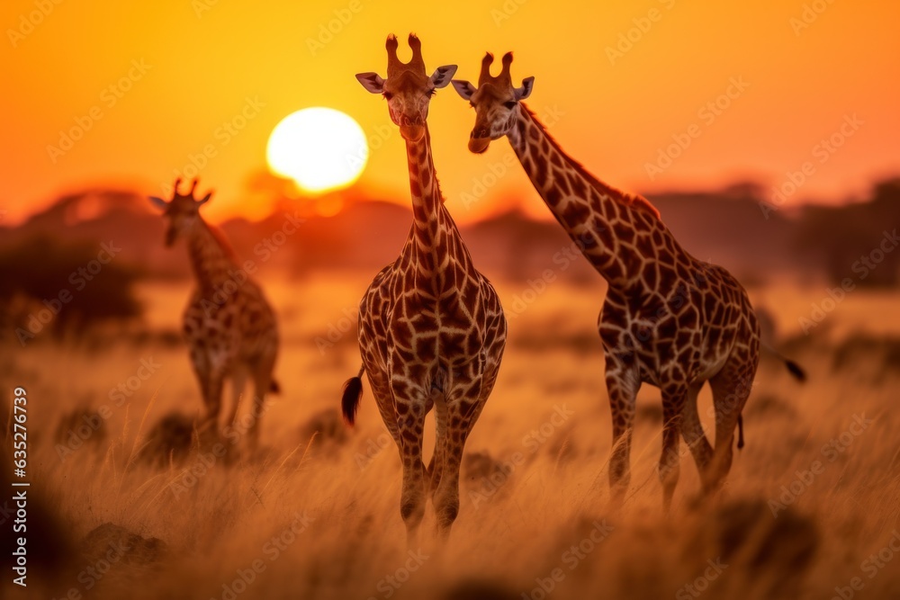 Sunset Safari Vista: Illustrating Giraffes, Lions, and Zebras on the Savannah
