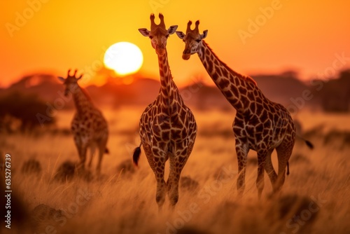 Sunset Safari Vista  Illustrating Giraffes  Lions  and Zebras on the Savannah 