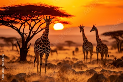 African Plains Alive: Capturing Sunset Scenes with Giraffes, Lions, and Zebras 