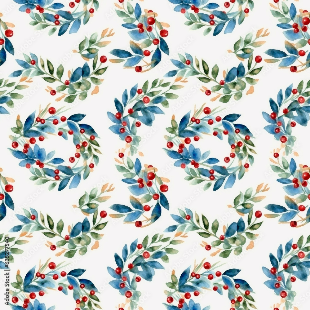Seamless watercolor pattern with Christmas wreath on a white background