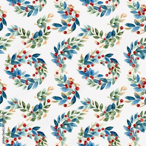 Seamless watercolor pattern with Christmas wreath on a white background