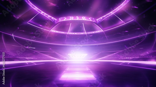 Abstract purple neon stadium background illuminated with lamps on ground. Product and sports technology background. © Windawake