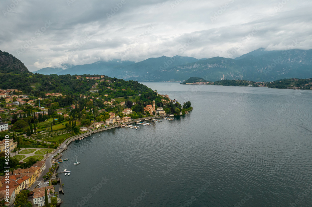 Aerial Drone View of Buildings Along the Shore in Tremezzo in Lake Como Italy Aerial Drone View of Buildings Along the Shore in Tremezzo in Lake Como Italy