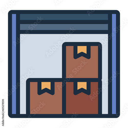 Storage warerhouse with cardboard box filled line icon