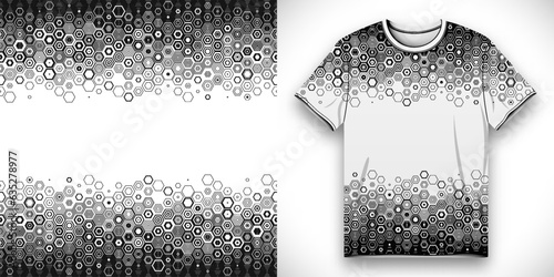 Fabric textile design for sport t-shirt with hexagonal abstract seamless geometric pattern. Front t-shirt mockup template design with faded linear hexagons. Vector Illustration