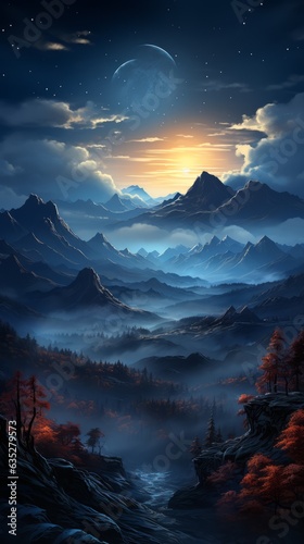 A beautiful mountain landscape at night. Generative AI. 