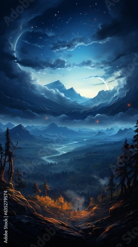 A beautiful mountain landscape at night. Generative AI. 